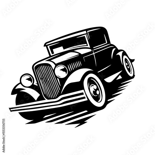 Black and white silhouette vector of a Old car on white background