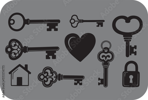 Collection of antique and modern keys a heart symbol a house silhouette and a padlock presented as black vector icons on a gray background