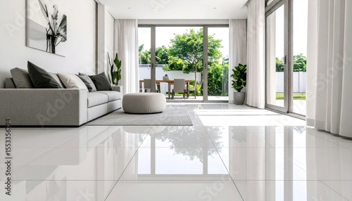 Bright, modern living area with polished white tile floors and outdoor views