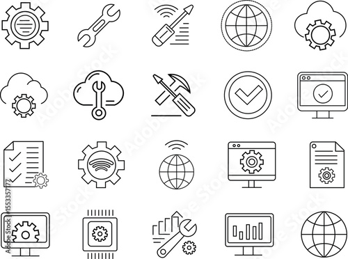 Maintenance and Industrial Tools Icons. Linear Icon Collection.  Editable Stroke. Vector Illustration