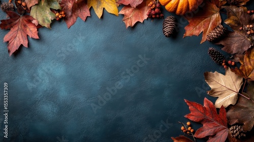An artistic arrangement of autumn leaves, a pumpkin, and pine cones against a blue background, perfect for seasonal themes and decorations.