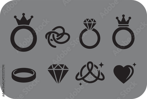 Collection of black simple flat icons representing wedding rings engagement rings with diamonds crowns a heart symbol and abstract knot designs on a gray background