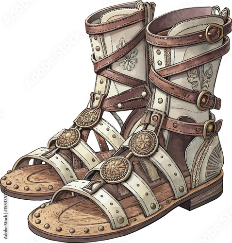 Detailed ancient roman gladiator sandals illustration for banner or advertisement isolated on white background