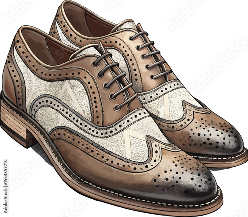 Classic brown oxford brogue shoes detailed vector illustration isolated on white background