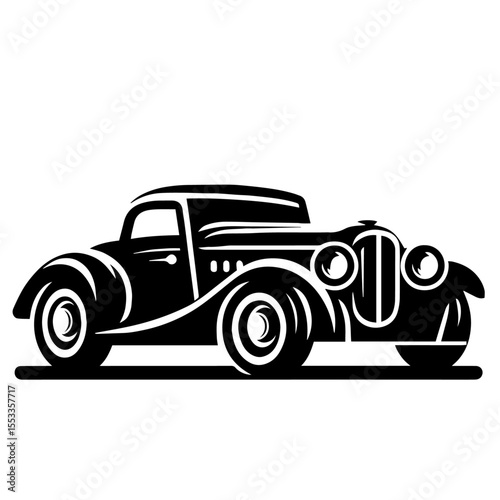 Black and white silhouette vector of a Old car on white background