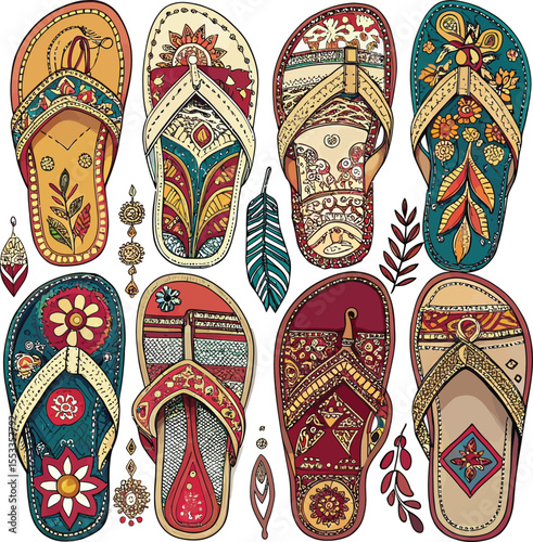 Colorful ethnic patterned sandals with intricate designs isolated on white background