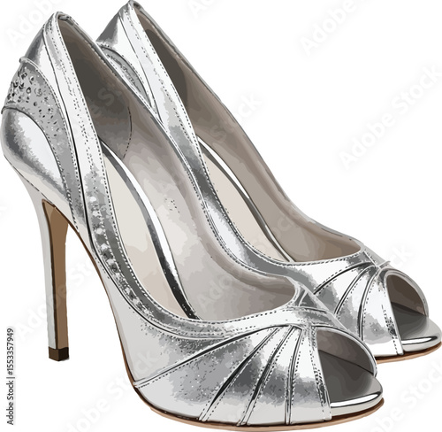 Elegant silver glossy open toe high heel shoe design isolated on white background