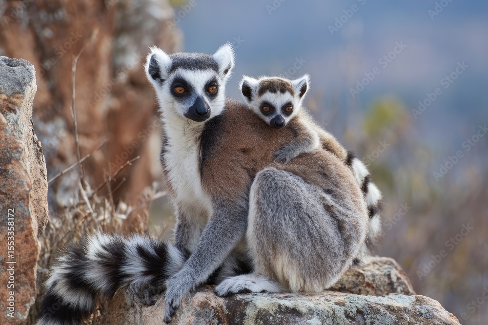 Obraz premium Ringtailed lemur with baby on its back