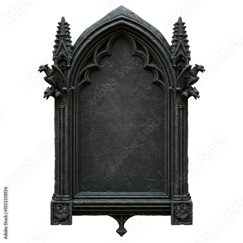 ornate dark stone sign antique frame blank plaque gothic style isolated on white 

