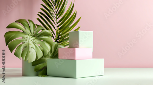 3D rendering of pastel green and pink plastic boxes on a podium with tropical leaves against a white background