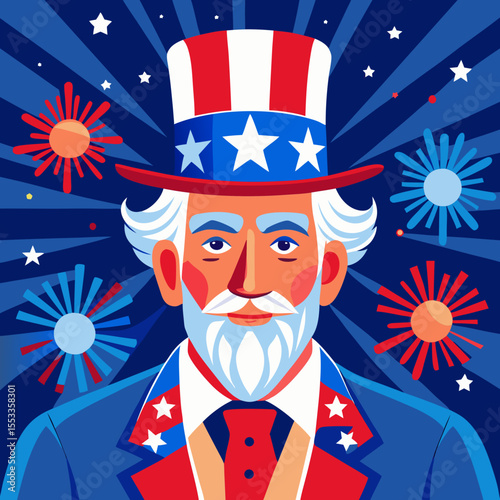 Uncle sam character in patriotic attire with fireworks and stars