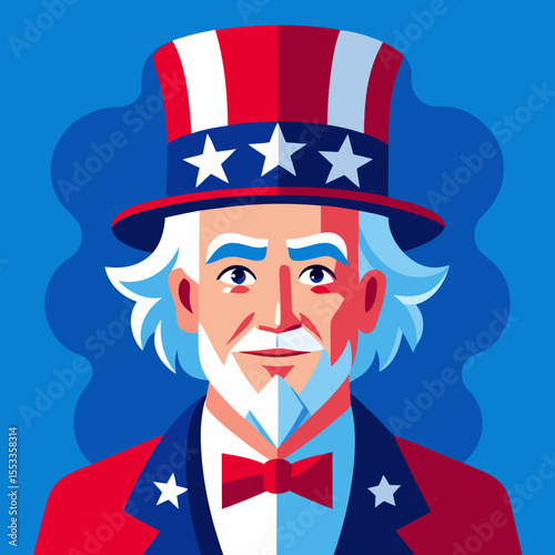 Stylized illustration of uncle sam in a patriotic suit and hat