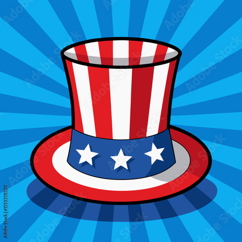 Uncle sam hat with stars and stripes on a blue radial background