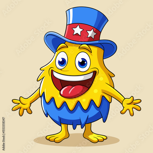 Happy yellow cartoon monster wearing a patriotic uncle sam hat and blue outfit