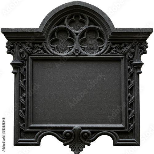 ornate dark stone sign antique frame blank plaque gothic style isolated on white 

