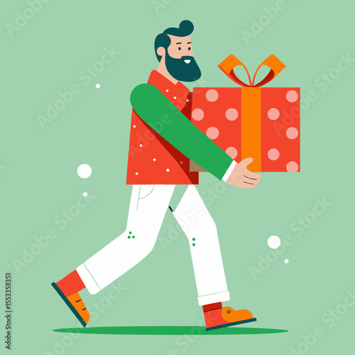 Man with beard walking and carrying a large polka dot gift box