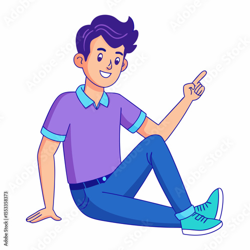 Smiling young man in casual clothes pointing to the side with his index finger