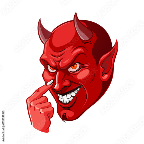 Red devil face with horns picking its nose and grinning on black background
