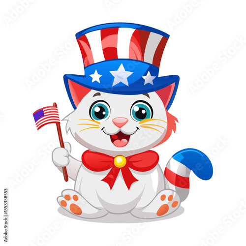 Cute white cat wearing an uncle sam hat and holding an american flag
