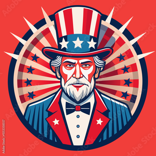 Uncle sam portrait with american flag colors and stars in a circle