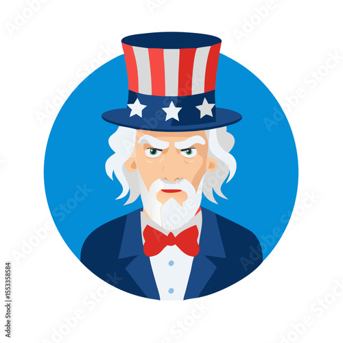 Uncle sam character with american flag hat and red bow tie