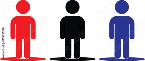Three stylized human figures in red black and blue colors standing