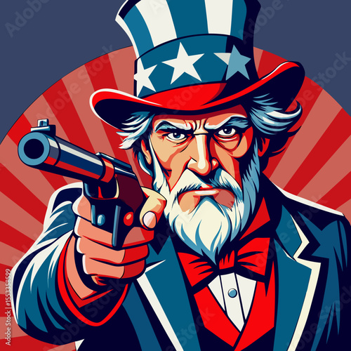 Uncle sam points gun forward in a patriotic american propaganda style