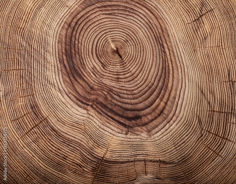 Naklejka premium A detailed close-up of a tree trunk cross-section reveals its intricate annual growth rings and natural cracks, showcasing a beautiful wood grain texture.