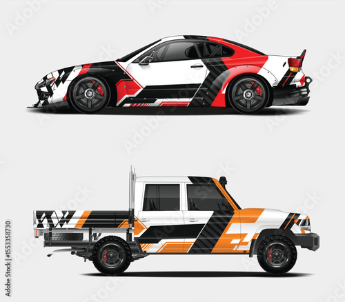 Two vehicles with custom graphic wraps a sports car and a pickup truck