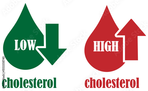 Understanding cholesterol levels high and low cholesterol information in red and green color on white background. Low choleterol and high cholesterol signs collection.