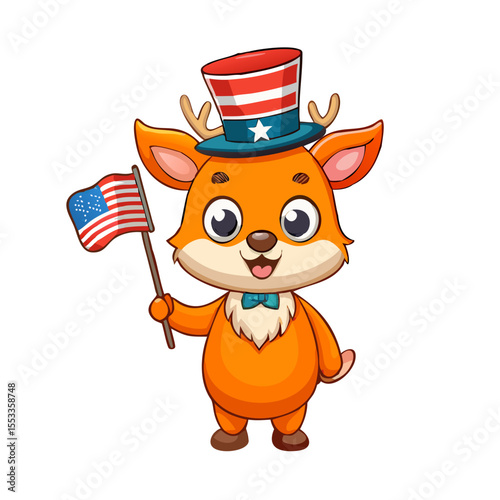 Cute cartoon deer wearing an uncle sam hat and holding an american flag