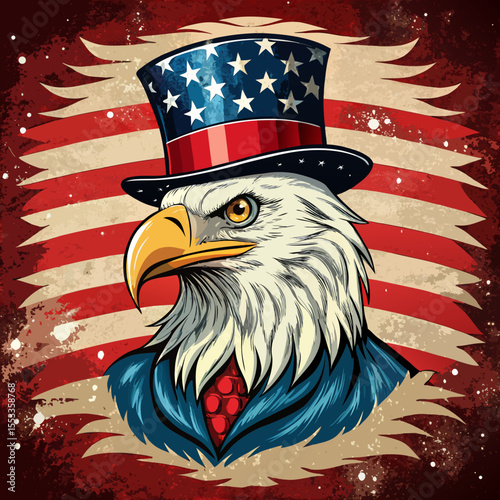 Majestic bald eagle wearing uncle sam hat and suit against american flag background