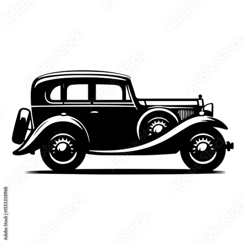 Black and white silhouette vector of a Old Vintage car on white background