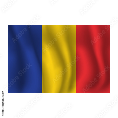 Flag of Romania wavy flutters in wind, with folds 3d