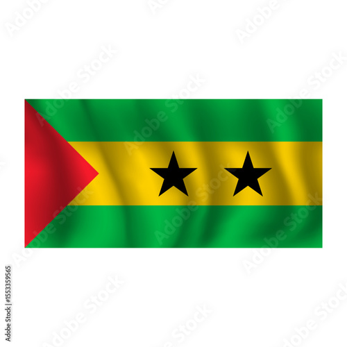 Flag of Sao Tome and Principe wavy flutters in wind, with folds 3d