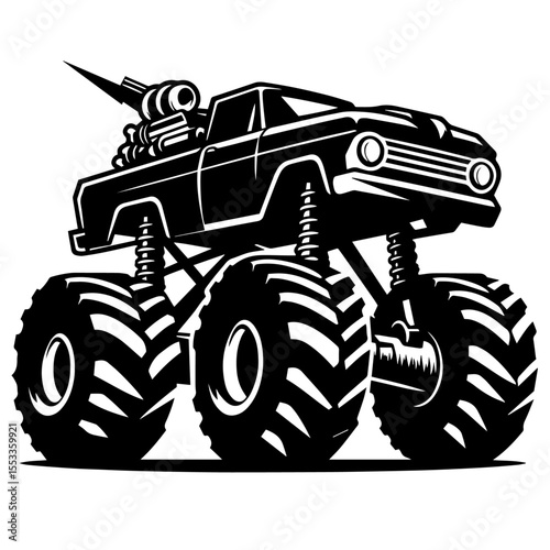 Black and white silhouette vector of a Monster Truck on white background