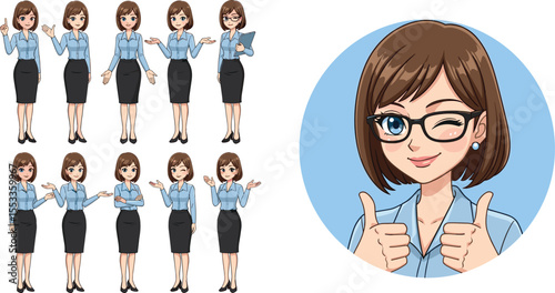 Businesswoman cartoon character set with various poses, professional woman avatar, office uniform, expressive gestures, confident female figure, corporate presentation illustration design