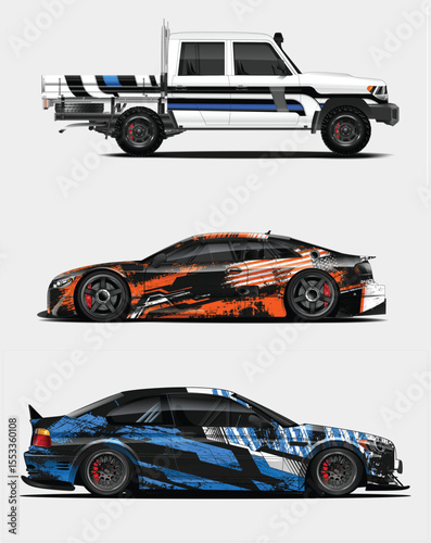 Three stylized cars with unique graphics and designs on a light gray background