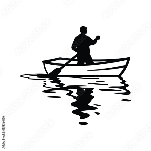 Boatman Rowing on River with Reflection – Tranquil Water Silhouette Vector in Black and White