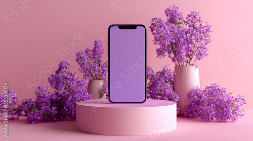 3D smartphone mockup, lilac-colored podium with purple flowers on a pink background