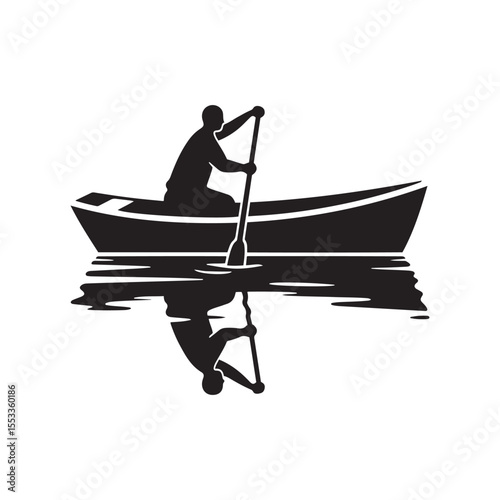 Boatman Rowing on River with Reflection – Tranquil Water Silhouette Vector in Black and White