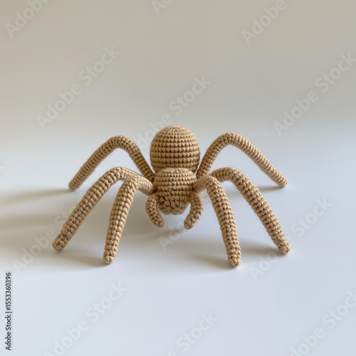 Beige crocheted spider toy, handmade amigurumi spider craft, cute arachnid decoration