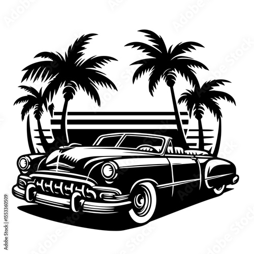 Black and white silhouette vector of a Old Vintage car on white background