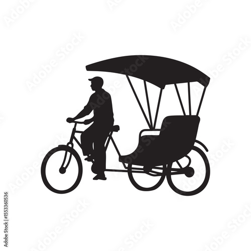 Rickshaw Puller Waiting with Empty Rickshaw – Silent City Silhouette Vector in Black and White

