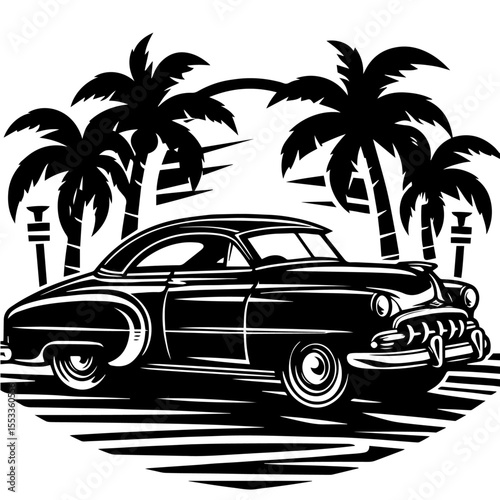 Black and white silhouette vector of a Old Vintage car on white background