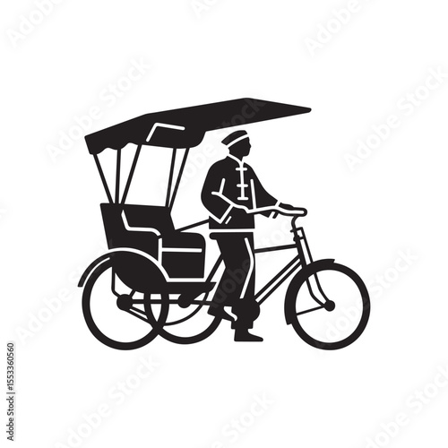 Rickshaw Puller Waiting with Empty Rickshaw – Silent City Silhouette Vector in Black and White

