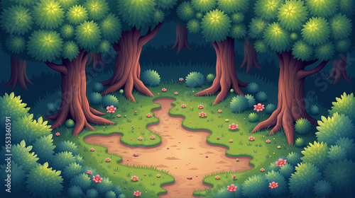 8Bit Cartoon Forest Clearing with Winding Path and Flowers