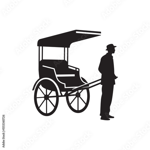 Rickshaw Puller Waiting with Empty Rickshaw – Silent City Silhouette Vector in Black and White

