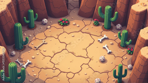 8-Bit Cartoon Desert Canyon with Cacti Bones and Cracked Ground