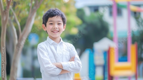 Fototapeta Naklejka Na Ścianę i Meble -  A young boy standing outdoors with his arms crossed, wearing a white shirt.